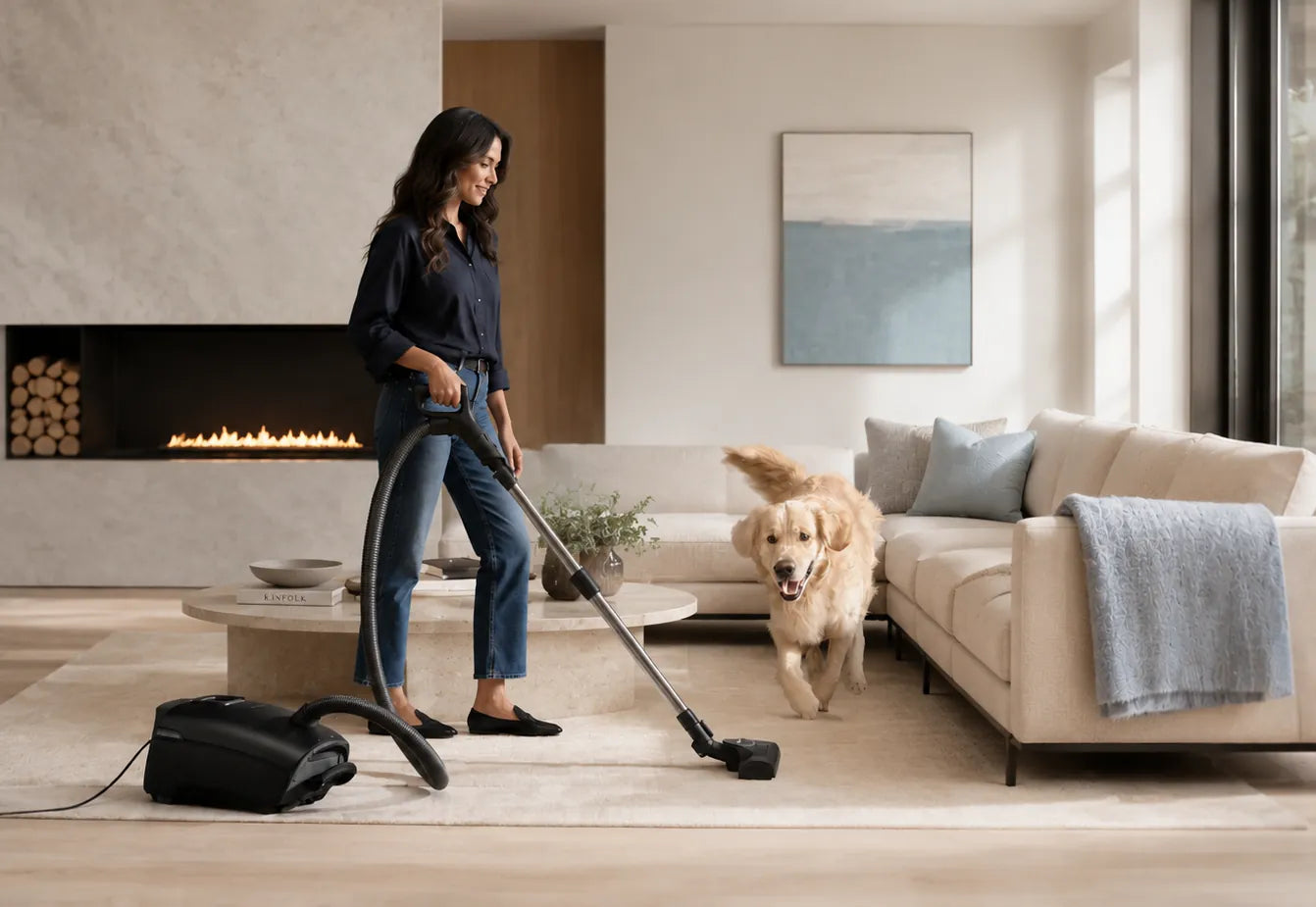 A woman vacuuming a bright living room while a golden retriever walks by