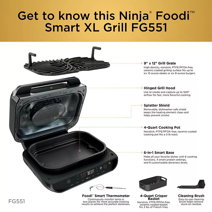 Ninja Foodi Smart XL 6 in 1 Indoor Grill with Air Fryer, Roast, Bake, Dehydrate, Broil, and Smart Cook System