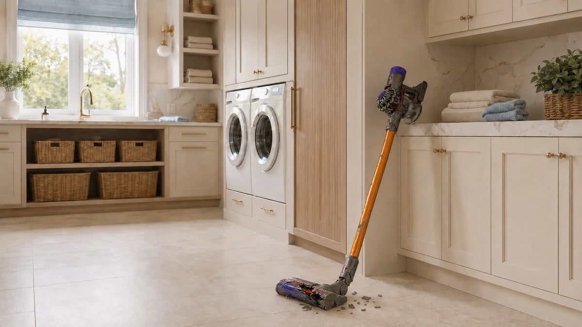 A worn cordless stick vacuum leaning against a laundry room counter, its broken floor head on the tiles