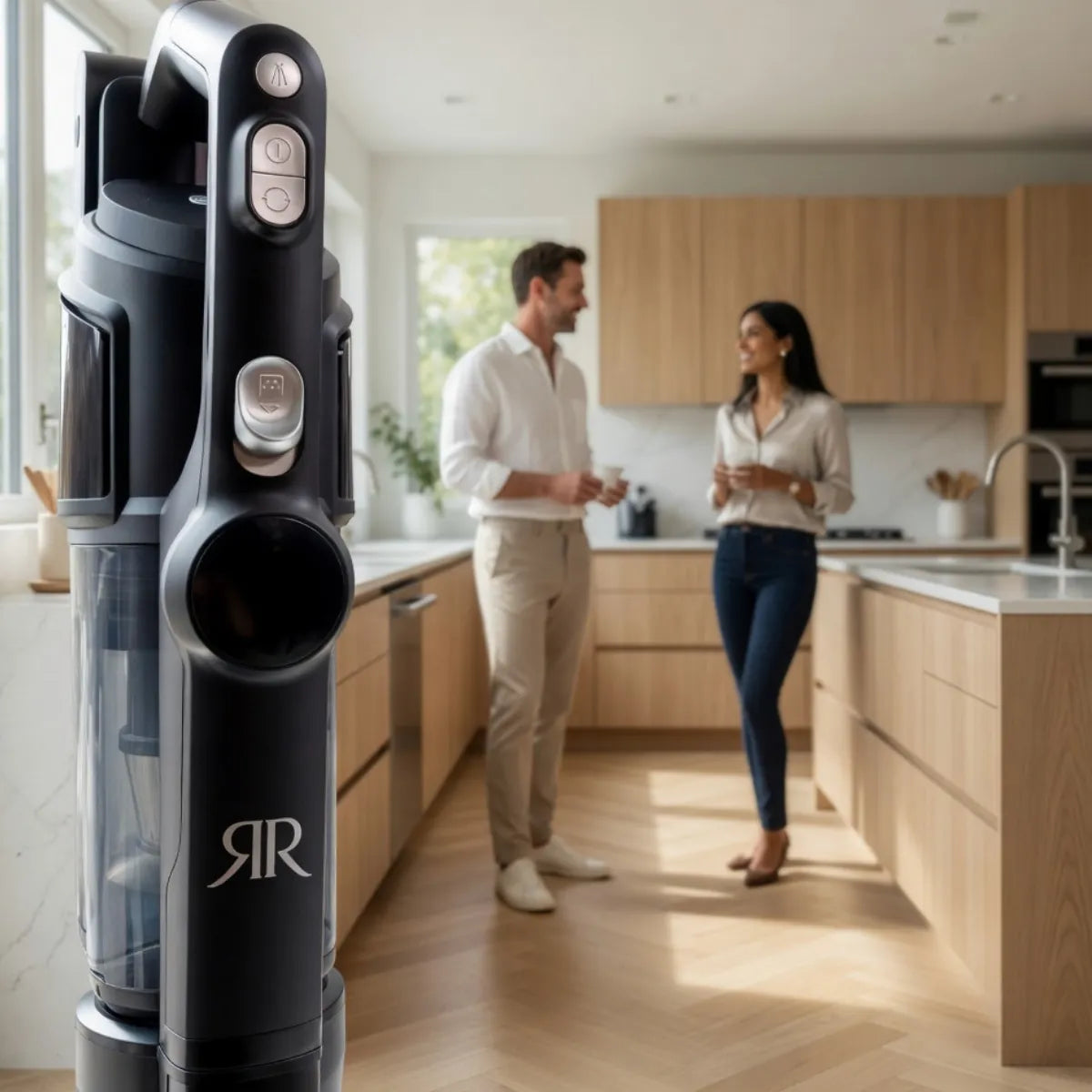 A couple talking in their kitchen beside an upright vacuum