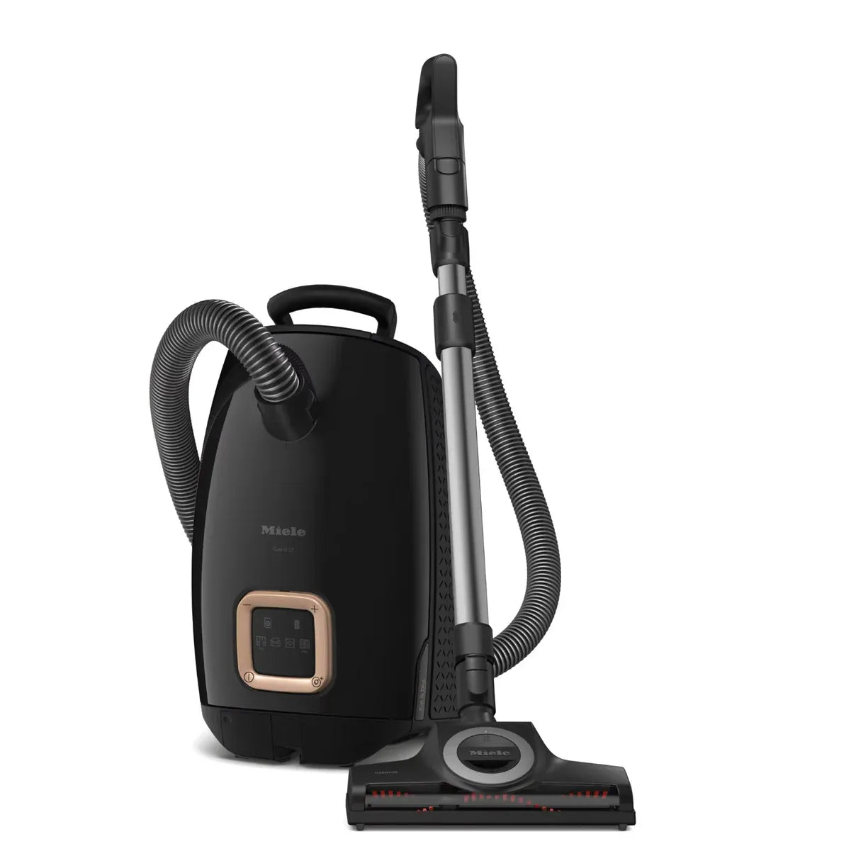Miele Guard L1 Cat & Dog canister vacuum in Obsidian Black with its hose, wand and floor head