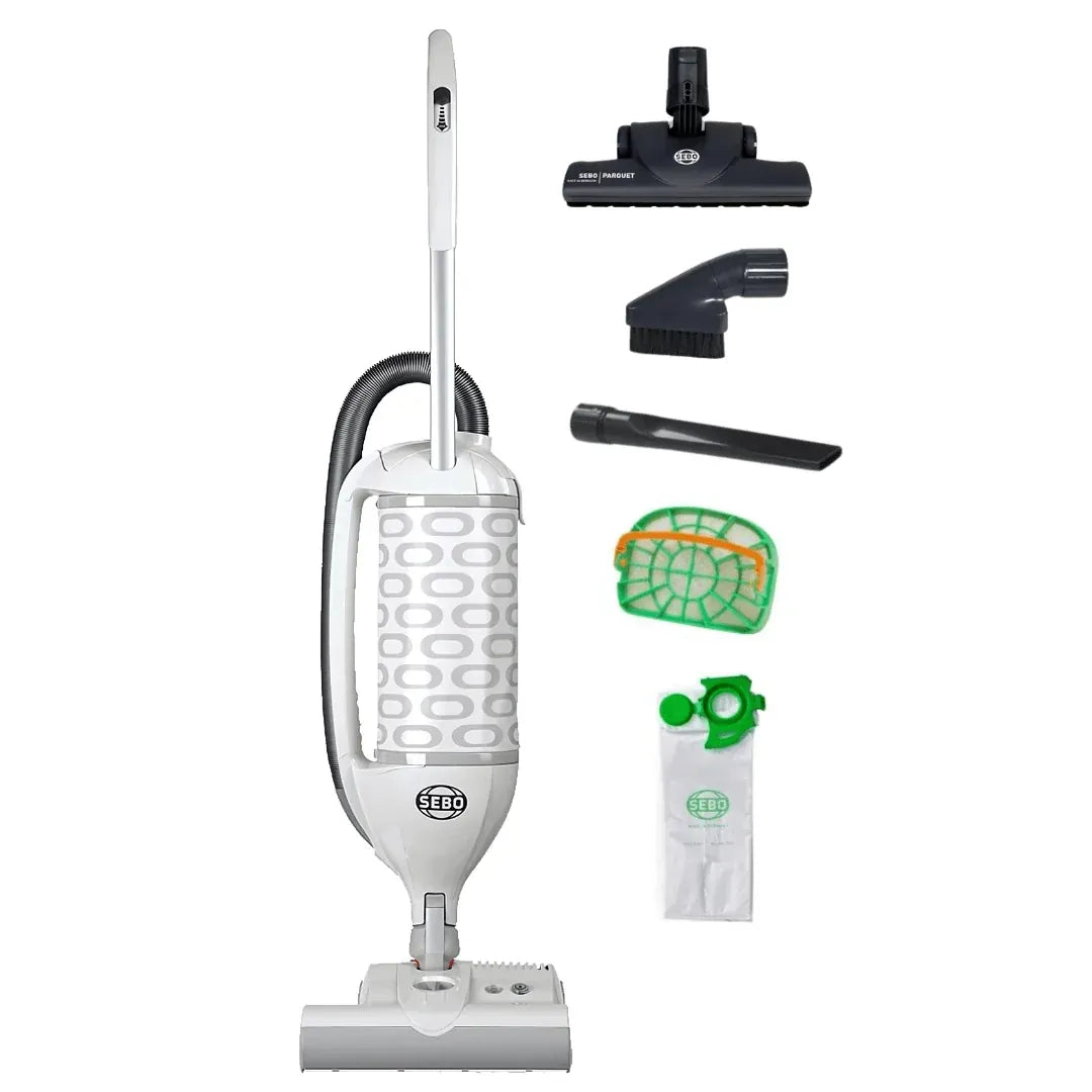 SEBO Felix 1 Premium Vogue upright vacuum with its parquet brush, dusting brush, crevice tool, filter and dust bags