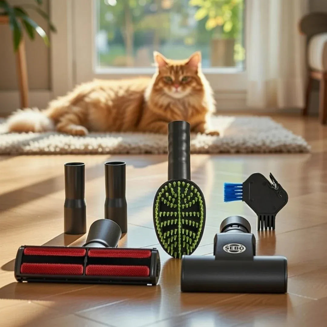 Pet-hair vacuum tools laid out on a wood floor with a long-haired cat resting behind them