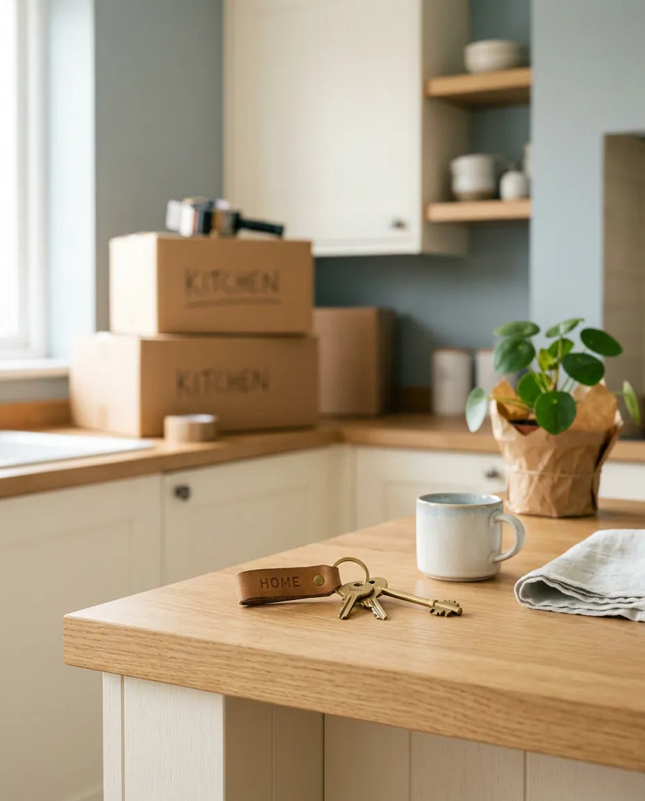 House keys and a mug on a new kitchen worktop, moving boxes behind
